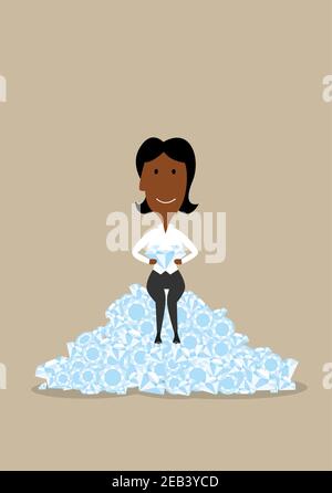 Wealth, success, richness and abundance concept. Cartoon happy african american businesswoman sitting on precious diamonds Stock Vector