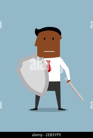 Brave businessman warrior with shield and sword ready for defense. Security, business battle or financial protection concept Stock Vector