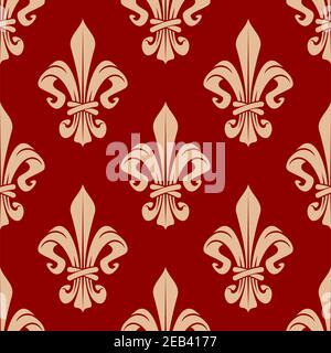 Floral royal french seamless pattern with beige fleur-de-lis flowers on red background. For interior or textile design Stock Vector