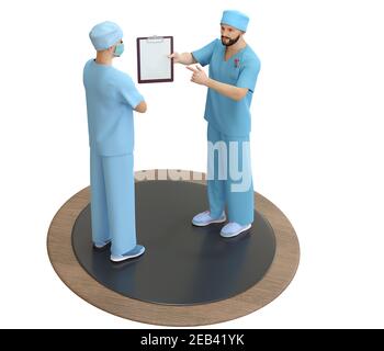 A doctor in a medical suit points to a tablet with a piece of paper, while a second doctor listens intently. Isolation on a light background. Template Stock Photo