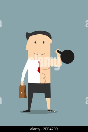 Balance of healthy lifestyle and business concept. Successful businessman with briefcase on the one side and healthy athlete with kettlebell on anothe Stock Vector
