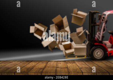 Empty wooden table space in warehouse storage blur background, delivery Stock Photo