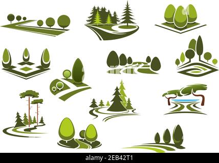 Peaceful nature landscapes icons with green walking alleys, decorative trees and bushes, beautiful lake and grass lawns of city public parks, gardens Stock Vector