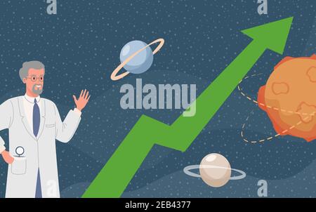 Happy smiling scientist in white lab coat waving hand vector flat illustration. Space background with planets and stars, and green arrow going up. Breakthrough in space exploration concept. Stock Vector