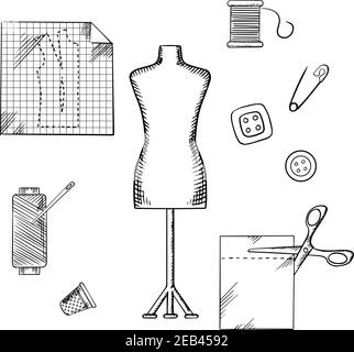 Tailoring and sewing sketched icons and objects with mannequin, scissors, safety pin, needle, threads, buttons, thimble, fabric and paper drawing Stock Vector