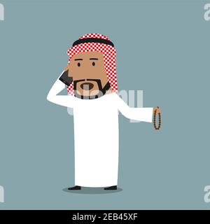 Cartoon arabian businessman with prayer beads in hand talking on the mobile phone. Business concept of communication and mobile technology design Stock Vector