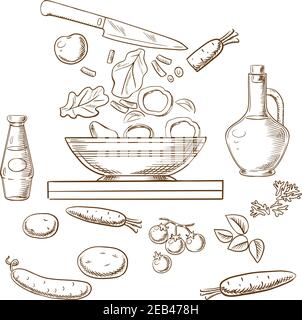 Cooking salad process showing bowl with sliced fresh vegetables surrounded by whole carrots, cucumber, tomatoes, potatoes, spicy herbs, bottles of oli Stock Vector