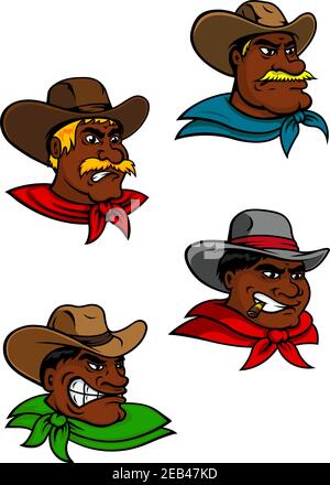 Cartoon western brutal cowboys and sheriff characters for justice, farming and comics design Stock Vector
