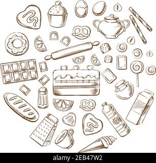 Pastry, dessert and bakery with various breads, cakes, baking ingredients and kitchen utensil. Sketched vector objects Stock Vector
