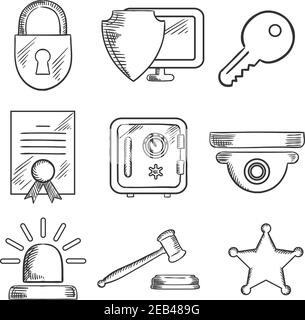 Security sketched icons set with padlock, computer security virus, certificate, key, police alarm, gavel and sheriff star. Sketch style Stock Vector