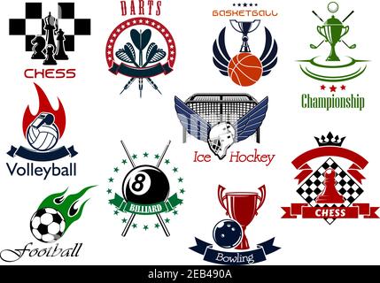 Set of sporting emblems or icons representing different sports and championships. Chess, darts, golf, basketball, volleyball, ice hockey, bowling, poo Stock Vector