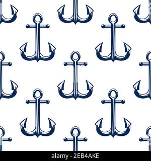 Retro marine ship anchors seamless pattern with decorative blue anchors over white background. Nice for textile, travel, wallpaper or marine adventure Stock Vector