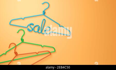 A hanger with the inscription SALE in green on an orange background. Copy space for text. 3d render. Stock Photo