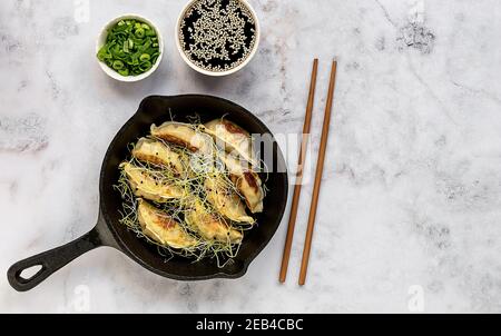 Asian vegetarian dumplings Gyozas fried on cast-iron pan, served with chopsticks  Stock Photo