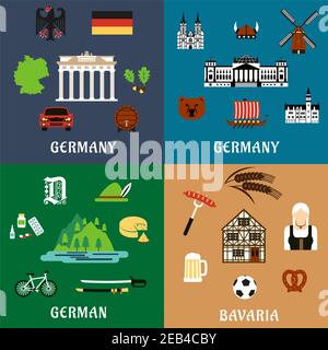 Germany travel and culture flat icons with national architecture and landmarks, food and drinks, nature and industry, flag and map, culture and histor Stock Vector