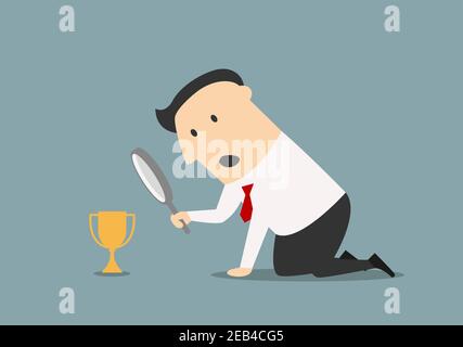 Cartoon disappointment businessman looking at little golden trophy cup through magnifying glass. Competition business concept Stock Vector