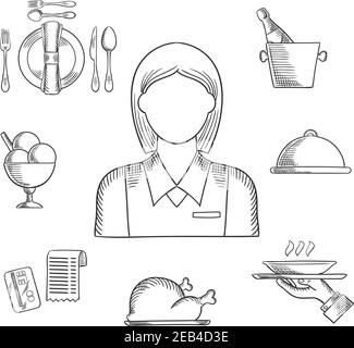 Waiter profession hand drawn icons with waitress in elegant uniform, surrounded by dinner set, champagne and ice bucket, ice cream sundae, fried chick Stock Vector