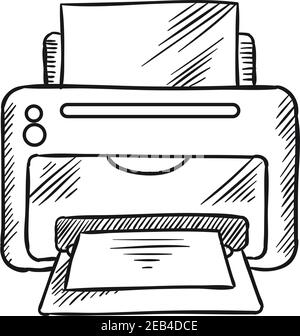 Desktop inkjet printer with paper. Office equipment, printing and computer peripherals sketch icon Stock Vector