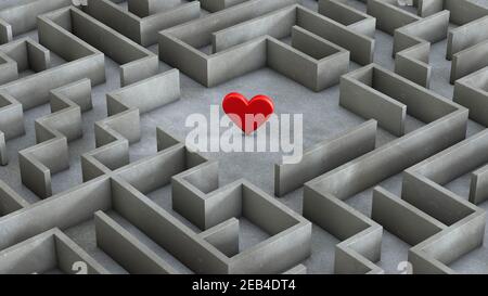 Labyrinth and red heart inside. Love search concept. 3d render. Stock Photo