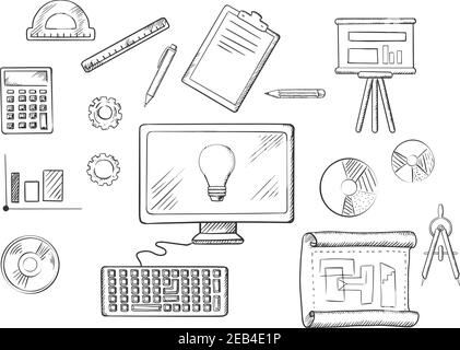 Architect or education icons with sketched desktop computer surrounded by icons of board, blueprint, graphs, calculator and a light bulb on the screen Stock Vector