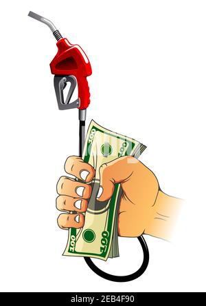 Red gasoline pump nozzle and bundle of hundred dollar bills in human hand. Great for oil and gas industry theme or finance concept Stock Vector