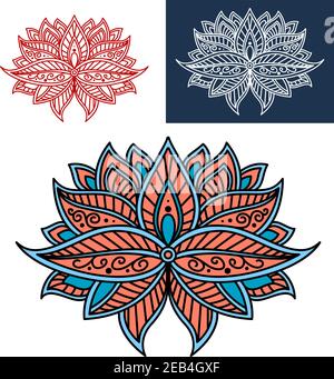 Persian paisley flower with cyan and pale pink curved petals, decorated by intricate interlacement of swirls and wavy lines. May be used as floral pat Stock Vector