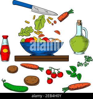 Cooking salad process with sliced fresh vegetables surrounded by whole carrots, cucumber, tomatoes, potatoes, spicy herbs, bottles of olive oil and so Stock Vector