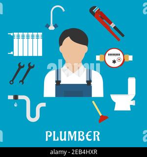 Plumber profession or service flat icons with radiator of heating system, water faucet and water meter, toilet, adjustable wrench, pipes system with l Stock Vector