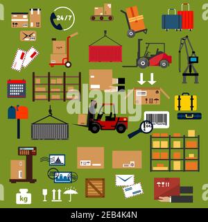 Storage, delivery and logistics icons with packages, containers, cargo crane, forklift and hand trucks with boxes and suitcases, warehouse shelf, scal Stock Vector