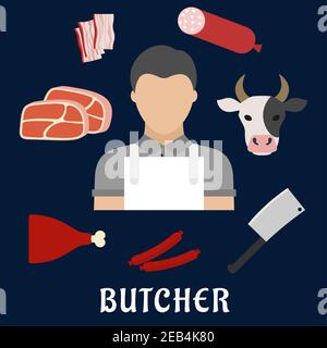 Butcher man in white apron with fresh beef steaks, pork leg, cleaver, salami, smoked sausages, sliced bacon and cow head. Butcher profession concept Stock Vector