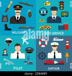Military, sea captain, pilot and taxi driver flat icons with transportation, equipment, services and armed forces professions symbols Stock Vector