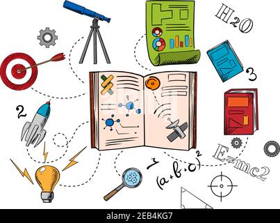 Astronomy and science colorful icons with spaceship, light bulb, magnifying glass, target, telescope, chart and books. Sketch style Stock Vector