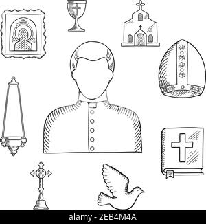 Priest profession with sketches of mature man, surrounded by the Bible, cross, bowl and candelabra, icon and church or temple, mitre and dove bird Stock Vector