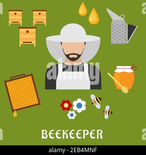 Beekeeper profession flat icons. Beekeeper man in hat, encircled by honey drops, wooden beehives, honeycomb frame, flowers, honey jar with dipper, smo Stock Vector