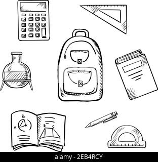 Back to school concept with school backpack, book, calculator, notebook, exercise book, pencil, chemical laboratory flask, triangle ruler and protract Stock Vector