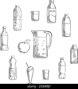 Non alcoholic drinks and beverages sketches set pitcher and fresh apple encircled by bottles of water, milk, juice, cola, lemonade and glasses with co Stock Vector