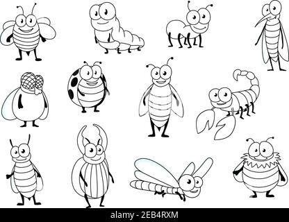 Funny cartoon outline bee, ant, ladybug, fly, caterpillar, dragonfly, mosquito bumblebee wasp, stag beetle hornet and scorpion. Insect characters for Stock Vector