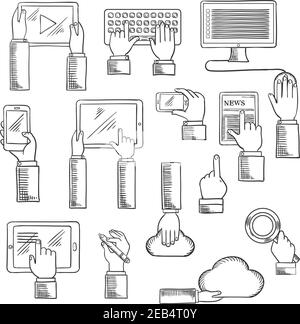 Digital devices and web technology icons with human hands working on tablets, desktop computer, keyboard, smartphones, digital pen, cloud data storage Stock Vector