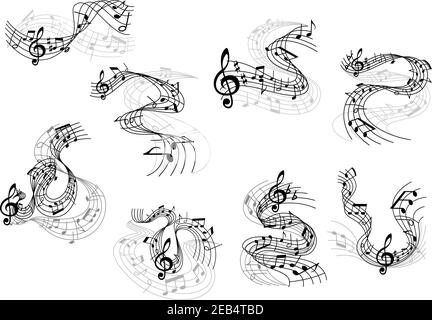 Art and music symbols with black silhouettes of notes and treble clefs on wavy and swirling musical staves. Great for art background, musical or enter Stock Vector
