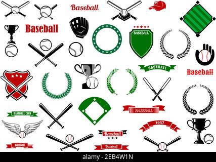 Baseball game sport items and heraldic elements with balls, crossed bats, trophies, gloves, baseball fields and home plate, shields, wreaths, ribbon b Stock Vector