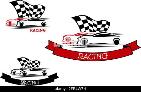 Racing sport emblems design with competition of red and black cars with fluttering checkered flag and ribbon banners Stock Vector