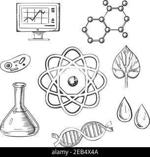 Biology and chemistry sketch icons with fresh leaf surrounded by round icons depicting insects, microscope, computer, water, chemical analysis, atoms Stock Vector