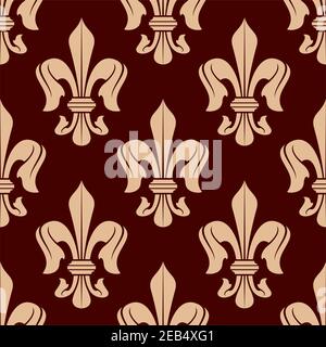 Brown and beige royal french lilies seamless pattern with fleur-de-lis floral elements. Usage for wallpaper or background design Stock Vector