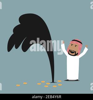 Cartoon wealthy and lucky arabian businessman standing near an oil gusher and celebrating successful discovery of oil well. Success, wealth or oil ind Stock Vector