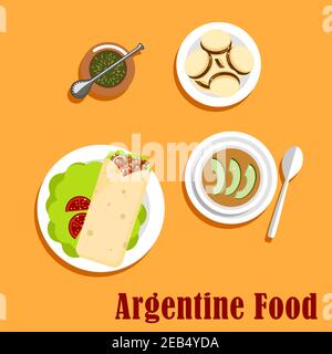 Argentine lunch and dessert food flat icons with empanada, stuffed with beef, tomatoes, beans and onion, served on lettuce, vegetable stew with avocad Stock Vector