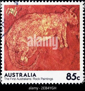 Aboriginal rock painting of a wallaby on australian stamp Stock Photo