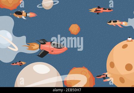 Space rockets flying in cosmos vector flat illustration. Spaceships in outer space flying among planets and stars. Cosmos exploration, space expedition, interstellar traveling concept. Stock Vector