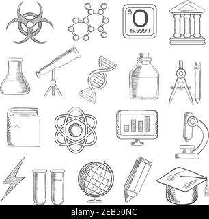 Science and education icons with college and book, laboratory glasses and computer, microscope and globe, graduation cap and pencil, compasses and dna Stock Vector