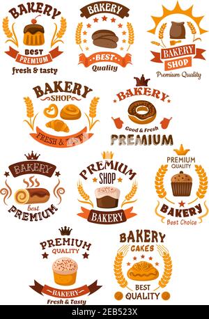 Bakery, desserts and pastry badges or emblems with assorted bakery icons as bread, cake, cupcake, pretzel, donut and dough. Many incorporating ears of Stock Vector
