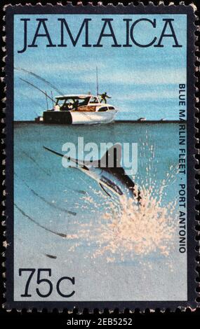 Blue marlin on jamaican postage stamp Stock Photo
